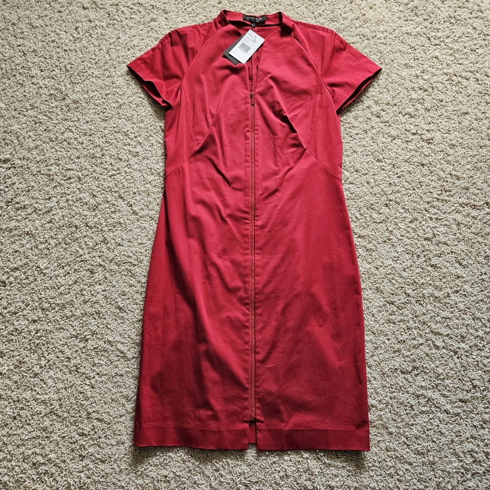 NWT Lafayette 148 New York Ruby Red Full Length Front Zipper Short Sleeve Dress